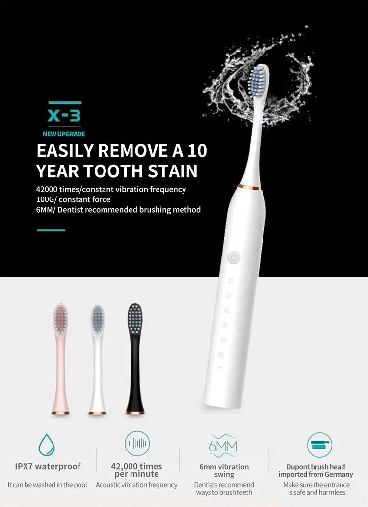 Electric Ultrasonic Toothbrush - USB Charging Waterproof Adult Toothbrush