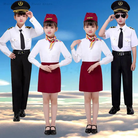 Children's Pilot Uniform Stewardess Cosplay Halloween Costumes Kids Girl Boy Captain Aircraft Fancy Clothing Role Play Outfit