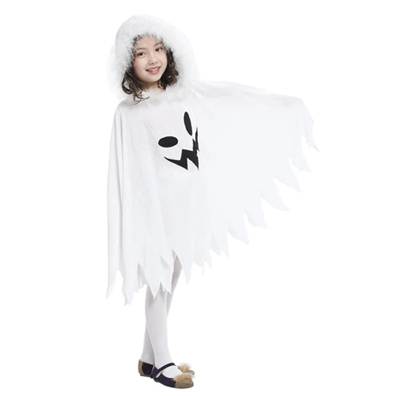 Halloween Kids Cosplay Costume White Elf Cloak Ghost Hooded Cloak Christmas Cloak Boy Girl Cape Clothes