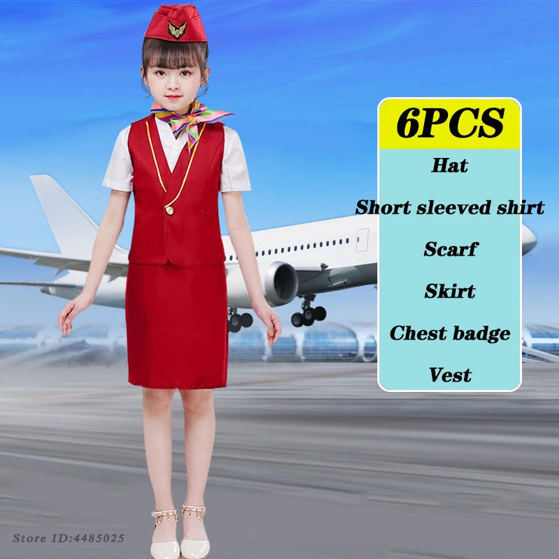 Children's Pilot Uniform Stewardess Cosplay Halloween Costumes Kids Girl Boy Captain Aircraft Fancy Clothing Role Play Outfit