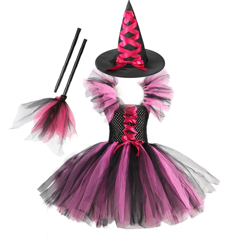 Halloween Costume for Kids Girls Witch Tutu with Hat & Broom