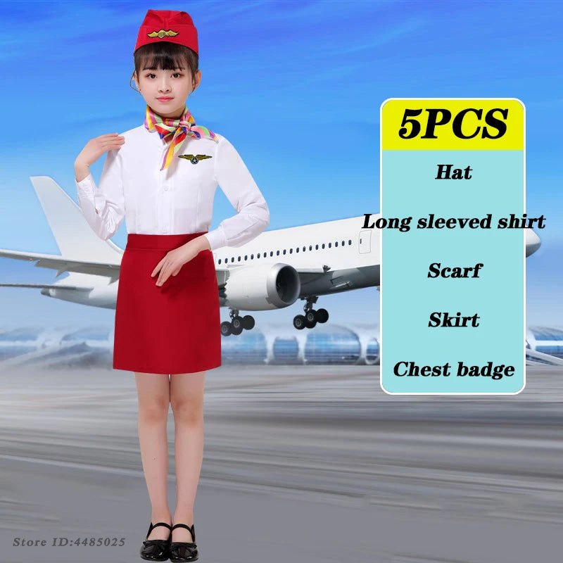 Children's Pilot Uniform Stewardess Cosplay Halloween Costumes Kids Girl Boy Captain Aircraft Fancy Clothing Role Play Outfit