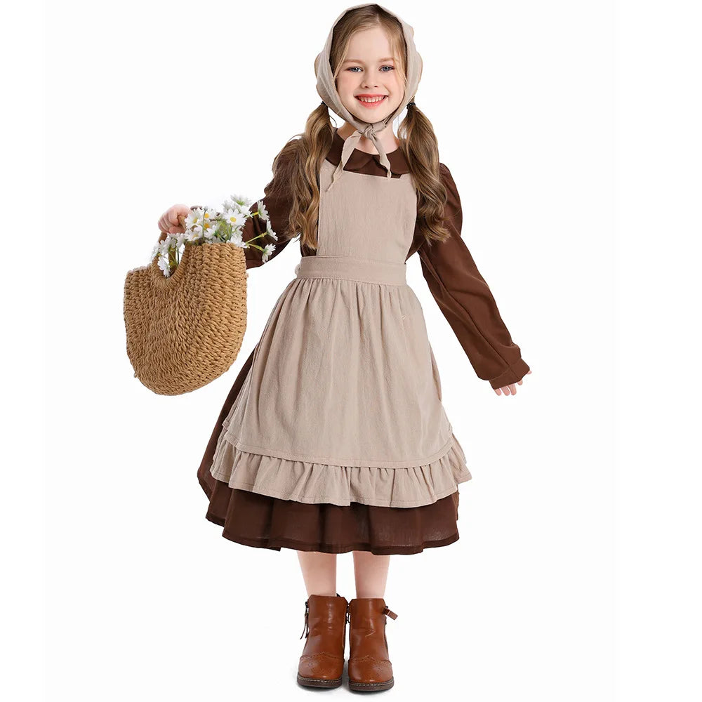 Umorden 4-10Y Kids Child Girls Khaki White Lace Ruffle Apron Bonnet for Pilgrim Girl Village Farm Pioneer Prairie Maid Costume