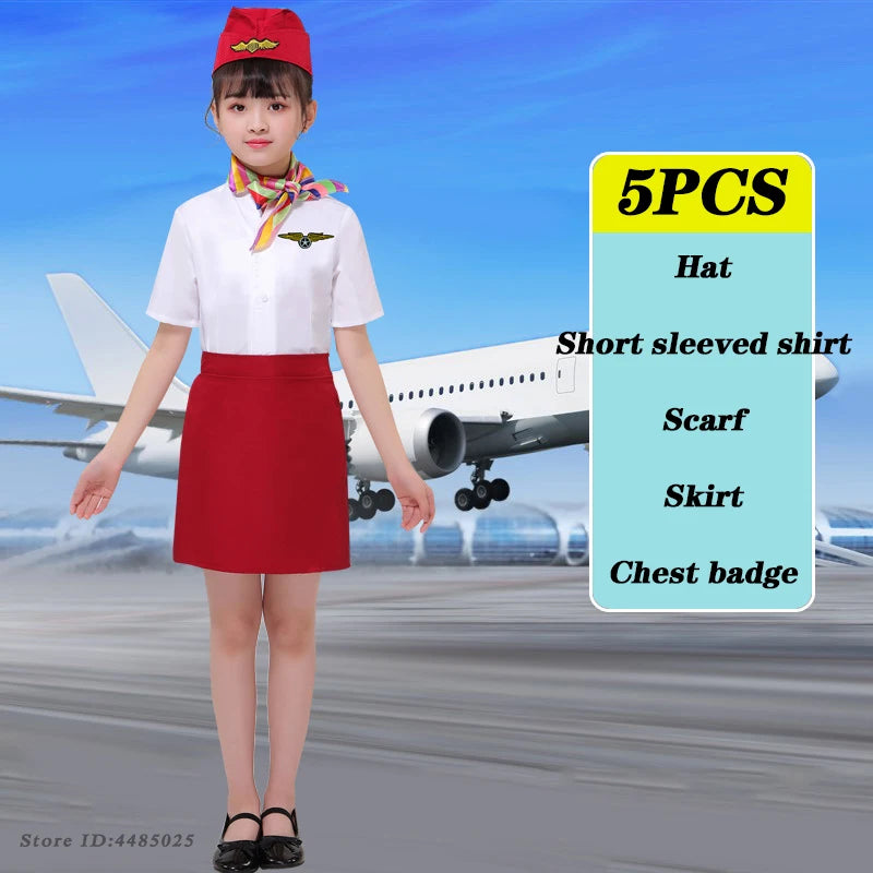 Children's Pilot Uniform Stewardess Cosplay Halloween Costumes Kids Girl Boy Captain Aircraft Fancy Clothing Role Play Outfit