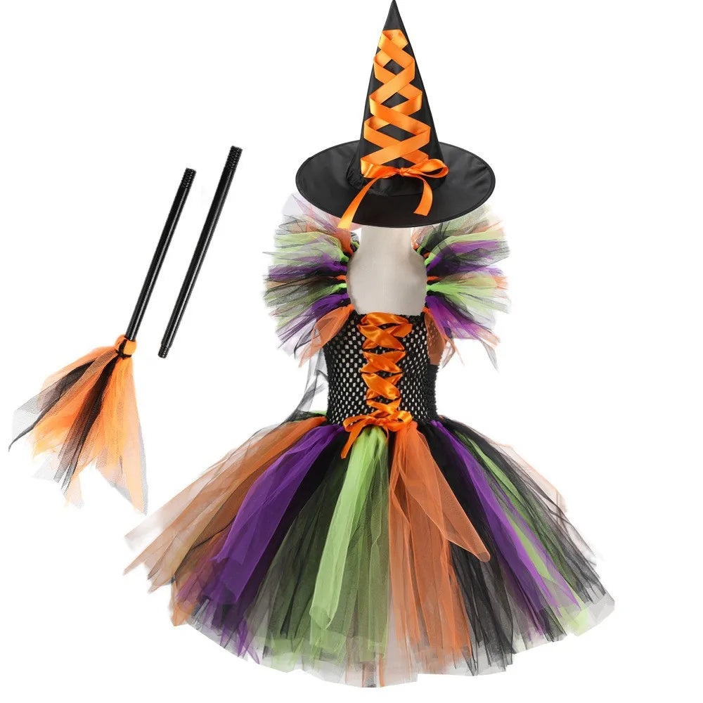 Halloween Costume for Kids Girls Witch Tutu with Hat & Broom
