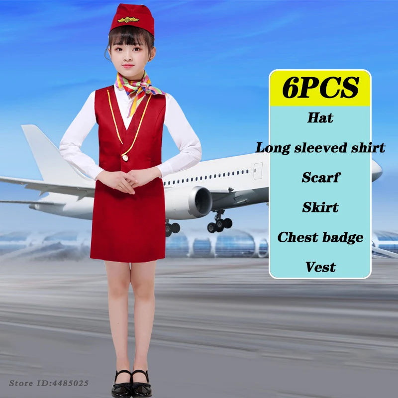 Children's Pilot Uniform Stewardess Cosplay Halloween Costumes Kids Girl Boy Captain Aircraft Fancy Clothing Role Play Outfit