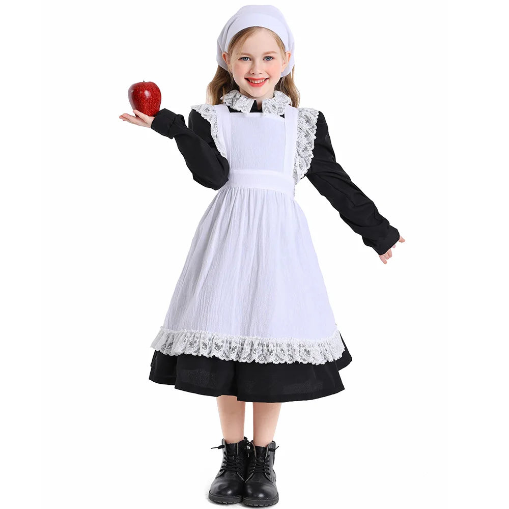 Umorden 4-10Y Kids Child Girls Khaki White Lace Ruffle Apron Bonnet for Pilgrim Girl Village Farm Pioneer Prairie Maid Costume