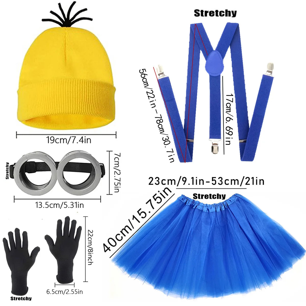 Halloween Costumes Adult Dress Yellow Beanie Knitted Hat Gloves Eye Protection Glasses Mesh Skirt Shoulder Strap Set