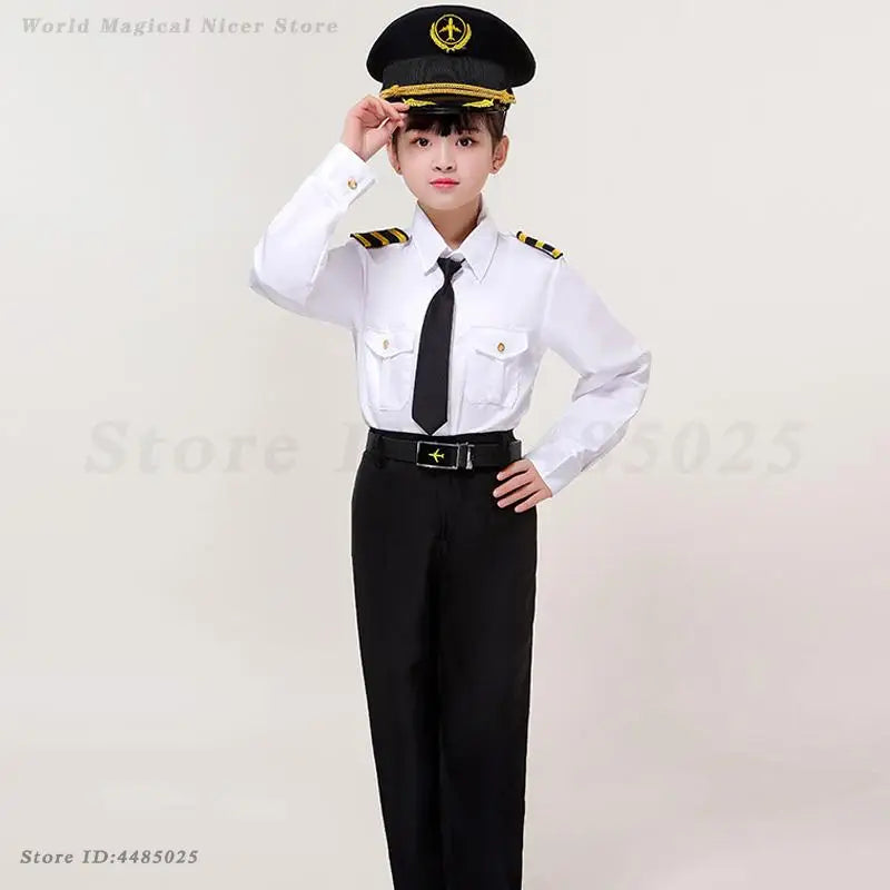 Children's Pilot Uniform Stewardess Cosplay Halloween Costumes Kids Girl Boy Captain Aircraft Fancy Clothing Role Play Outfit