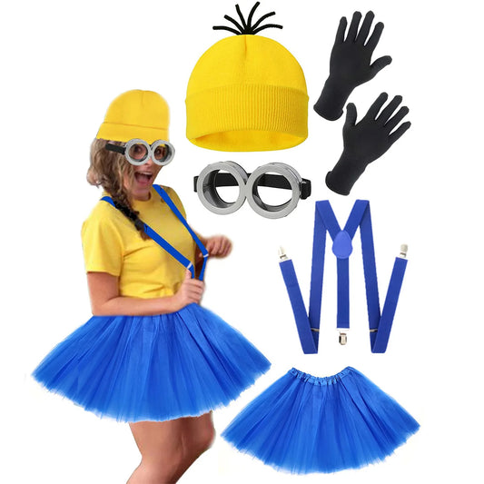 Halloween Costumes Adult Dress Yellow Beanie Knitted Hat Gloves Eye Protection Glasses Mesh Skirt Shoulder Strap Set