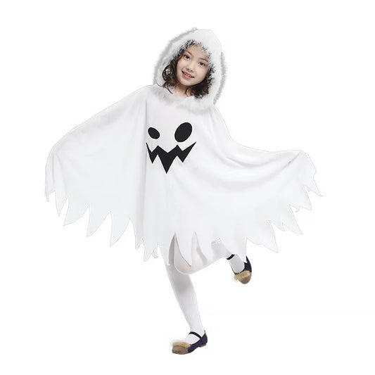 Halloween Kids Cosplay Costume White Elf Cloak Ghost Hooded Cloak Christmas Cloak Boy Girl Cape Clothes