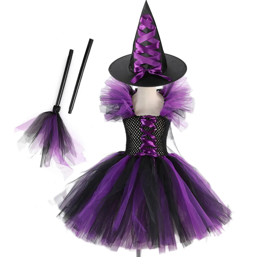 Halloween Costume for Kids Girls Witch Tutu with Hat & Broom