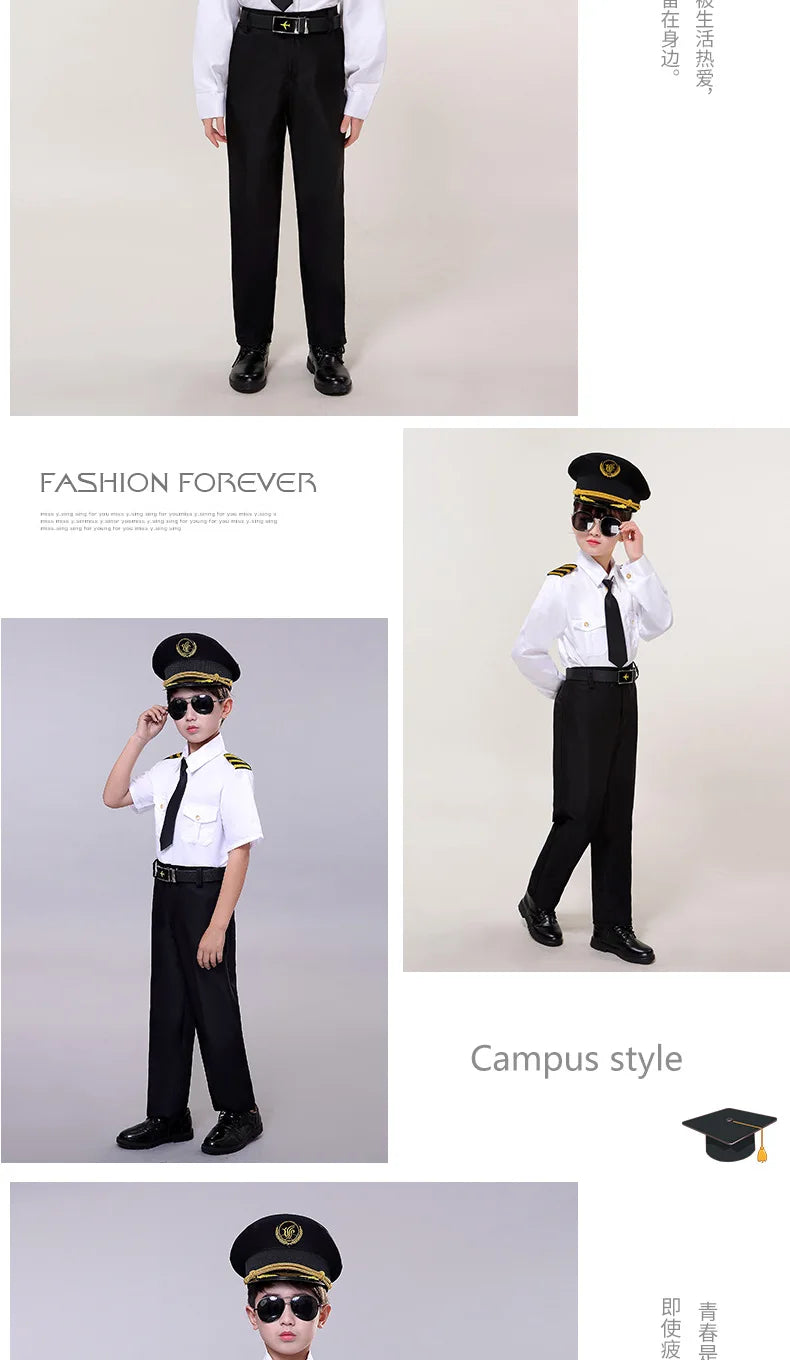 Children's Pilot Uniform Stewardess Cosplay Halloween Costumes Kids Girl Boy Captain Aircraft Fancy Clothing Role Play Outfit