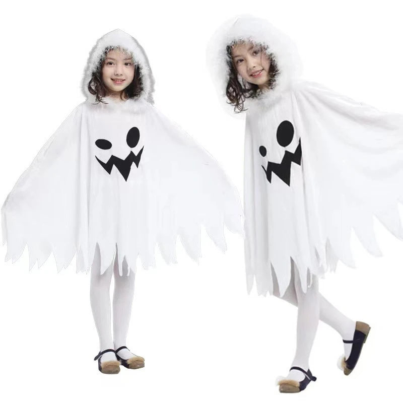 Halloween Kids Cosplay Costume White Elf Cloak Ghost Hooded Cloak Christmas Cloak Boy Girl Cape Clothes