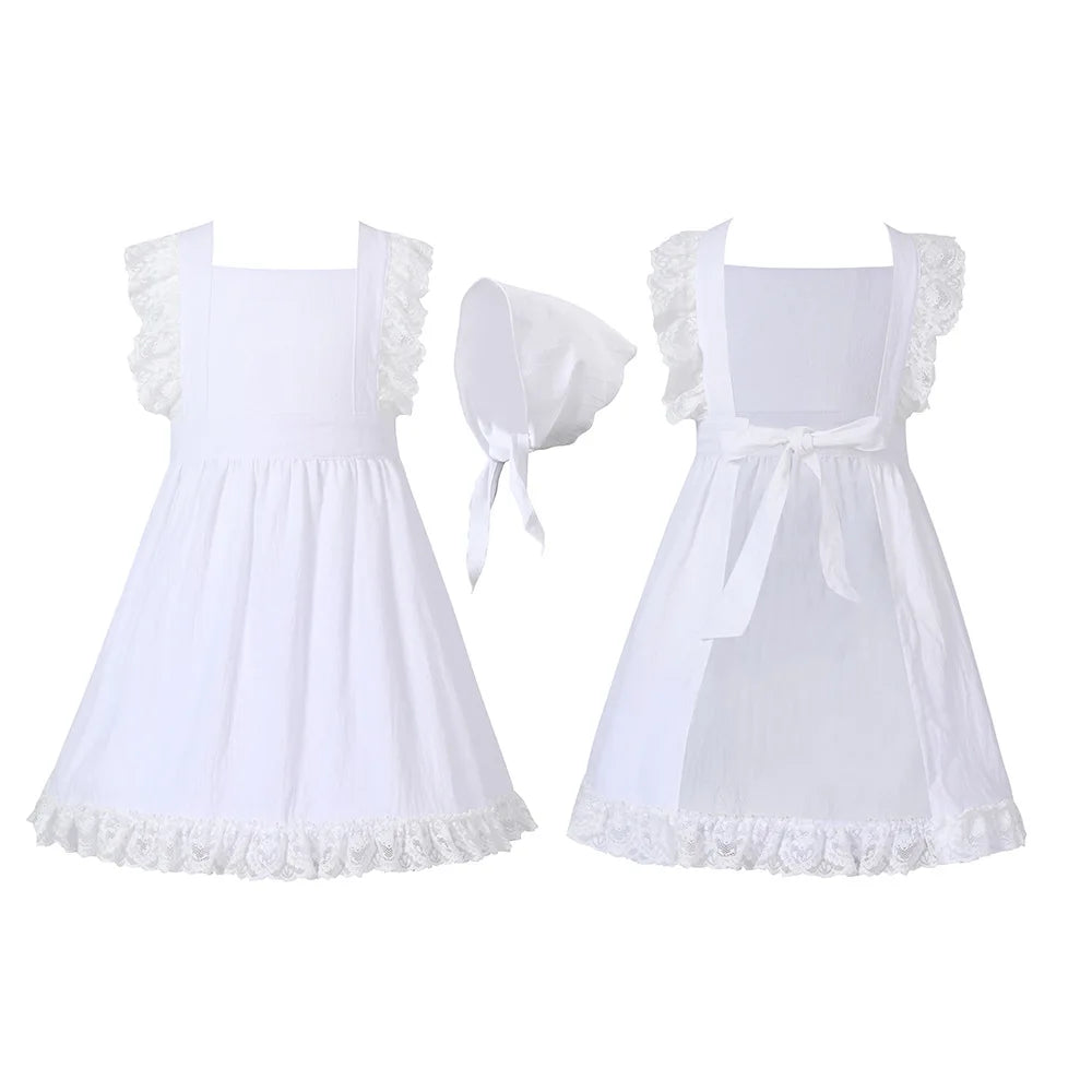 Umorden 4-10Y Kids Child Girls Khaki White Lace Ruffle Apron Bonnet for Pilgrim Girl Village Farm Pioneer Prairie Maid Costume