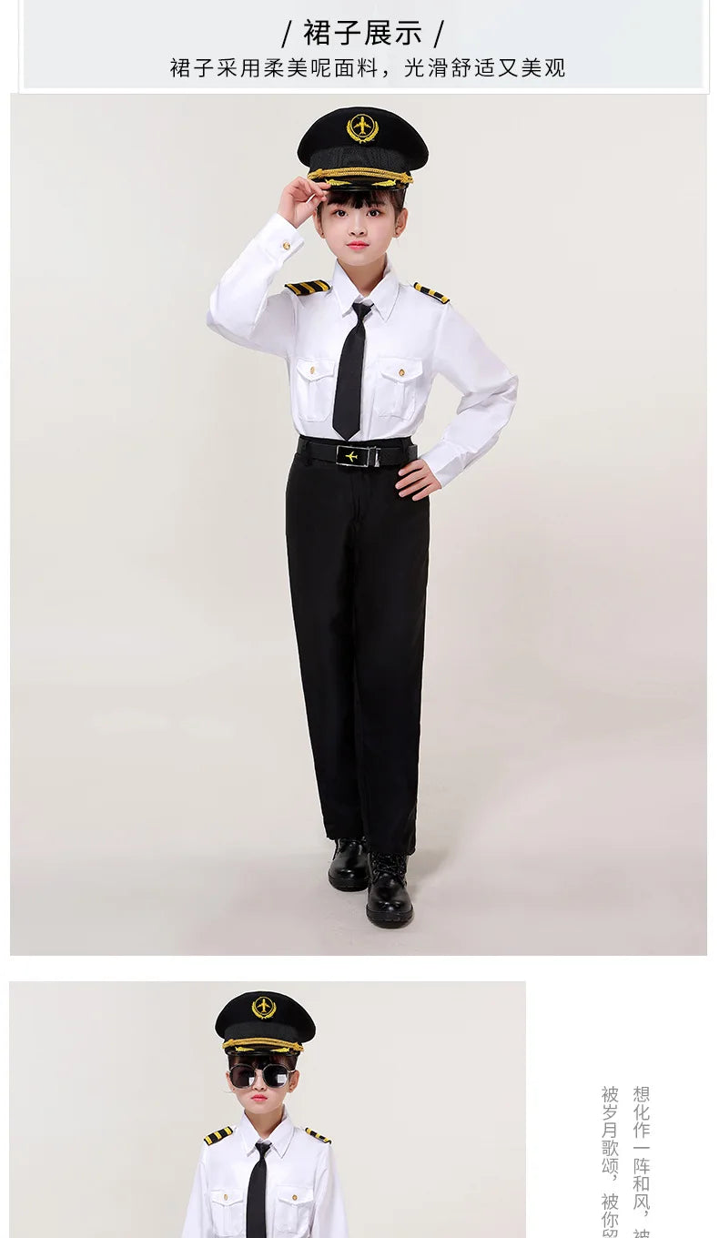 Children's Pilot Uniform Stewardess Cosplay Halloween Costumes Kids Girl Boy Captain Aircraft Fancy Clothing Role Play Outfit