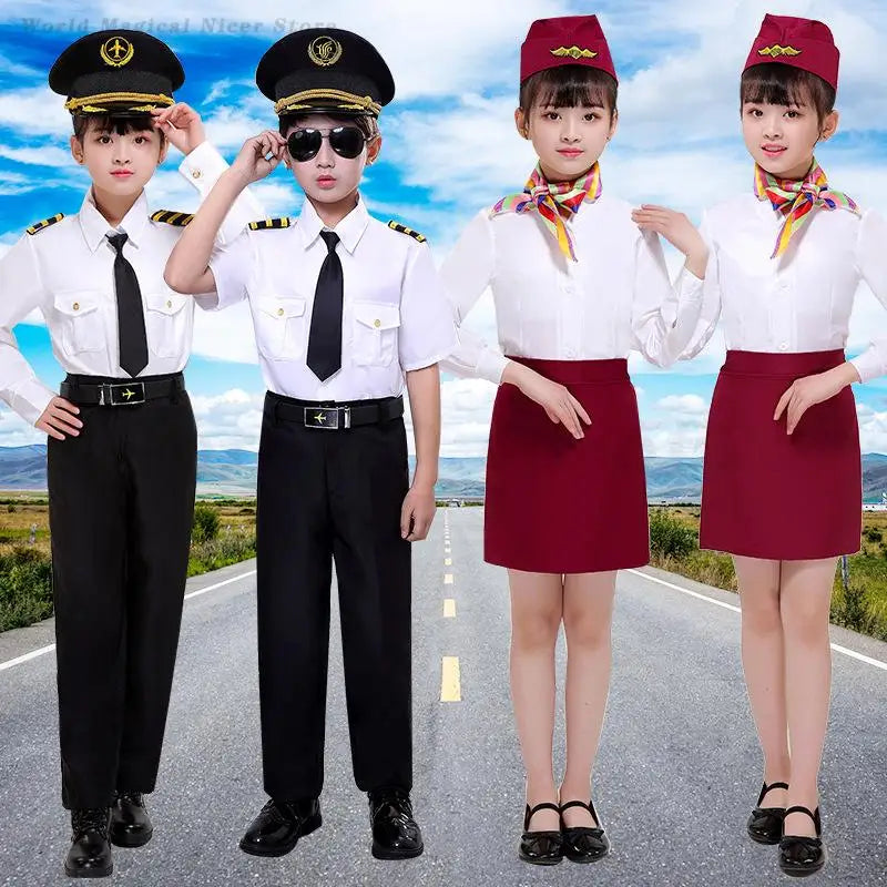 Children's Pilot Uniform Stewardess Cosplay Halloween Costumes Kids Girl Boy Captain Aircraft Fancy Clothing Role Play Outfit